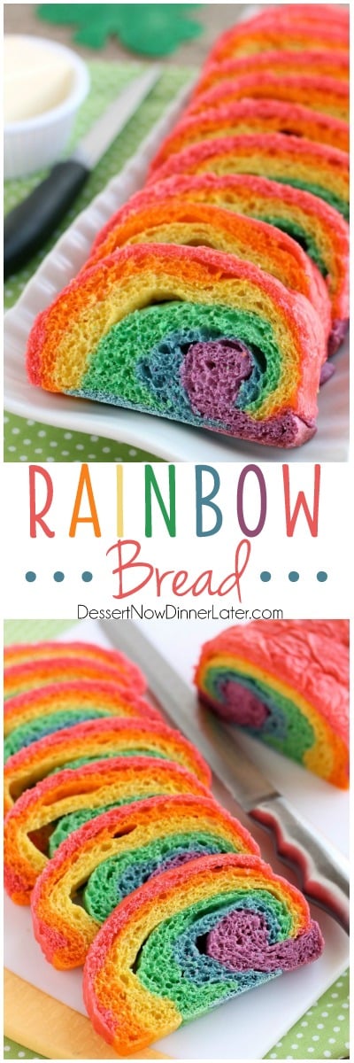 Rainbow Bread - Rhodes frozen dough is kneaded into 6 bright colors and rolled into a fun rainbow loaf (step-by-step photo instructions included). The perfect bread to eat with butter for dinner or use for breakfast French toast on St. Patrick's Day!