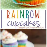 These Rainbow Cupcakes are made with a simple boxed white cake mix, colored, and layered to make a rainbow, with whipped cream cheese frosting on top!