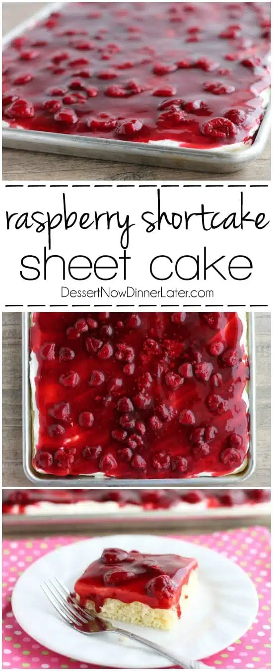 This EASY and delicious Raspberry Shortcake Sheet Cake is layered with light, fluffy white cake, topped with whipped cream cheese frosting and a fresh raspberry glaze! Perfect for parties, potlucks, or a Valentine's Day dessert!