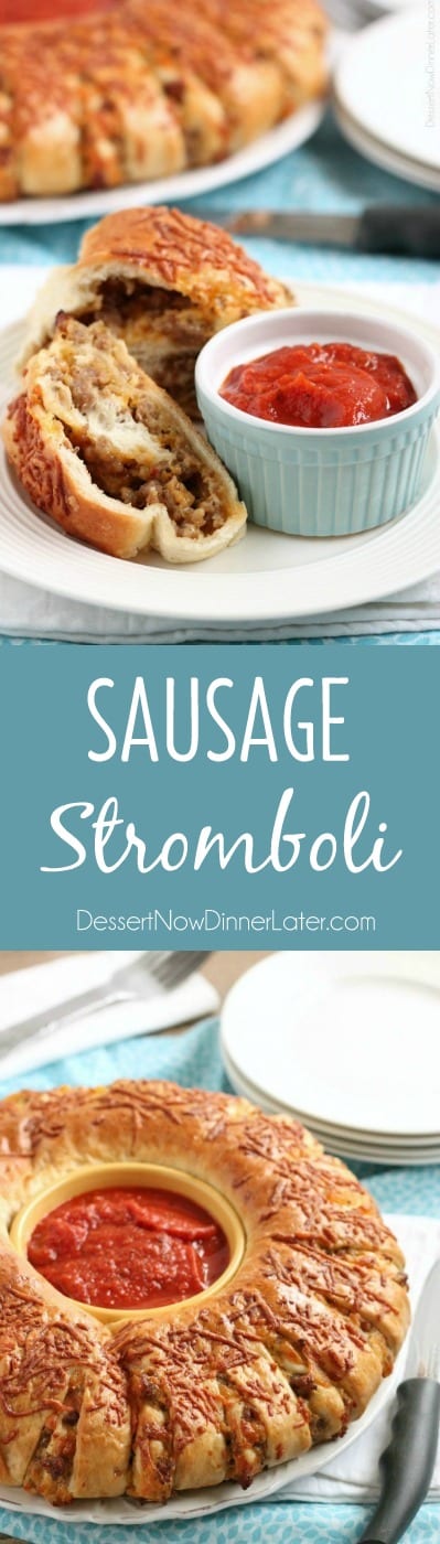 This Sausage Stromboli is a delicious hot sandwich that feeds a crowd! Make it for dinner or as an appetizer served with marinara for the big football game!
