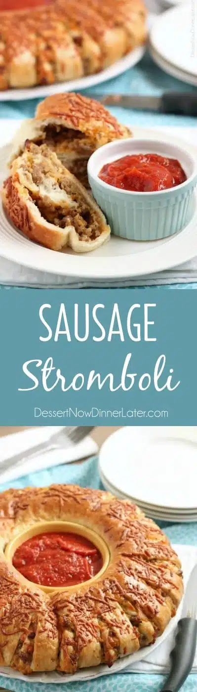 This Sausage Stromboli is a delicious hot sandwich that feeds a crowd! Make it for dinner or as an appetizer served with marinara for the big football game!