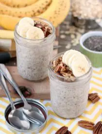 Bananas, cinnamon, and pecans combine in these overnight oats to create a delicious banana bread inspired, protein-packed breakfast.