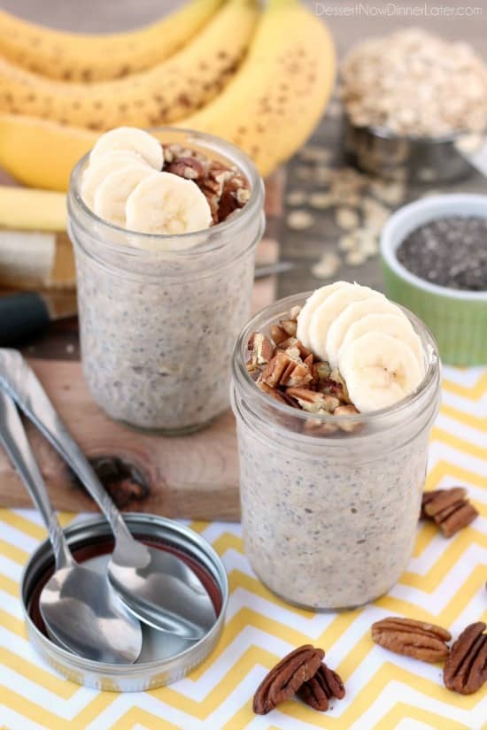 Bananas, cinnamon, and pecans combine in these overnight oats to create a delicious banana bread inspired, protein-packed breakfast.