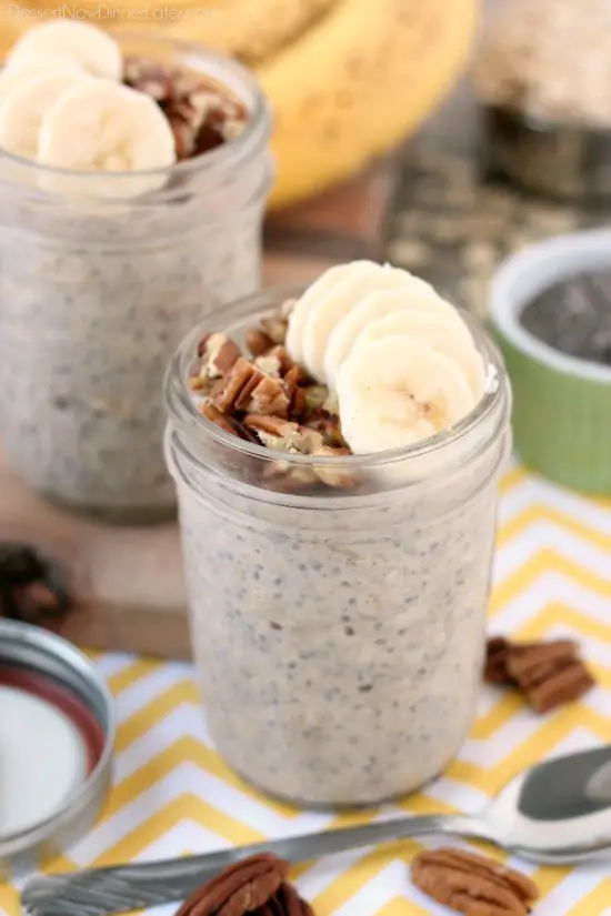 Bananas, cinnamon, and pecans combine in these overnight oats to create a delicious banana bread inspired, protein-packed breakfast.