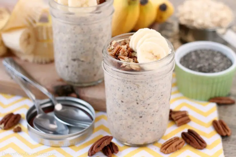 Bananas, cinnamon, and pecans combine in these overnight oats to create a delicious banana bread inspired, protein-packed breakfast.