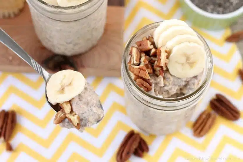 Bananas, cinnamon, and pecans combine in these overnight oats to create a delicious banana bread inspired, protein-packed breakfast.