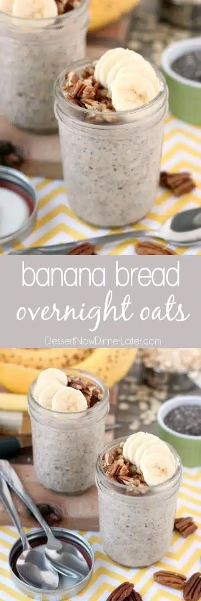 Bananas, cinnamon, and pecans combine in these overnight oats to create a delicious banana bread inspired, protein-packed breakfast.