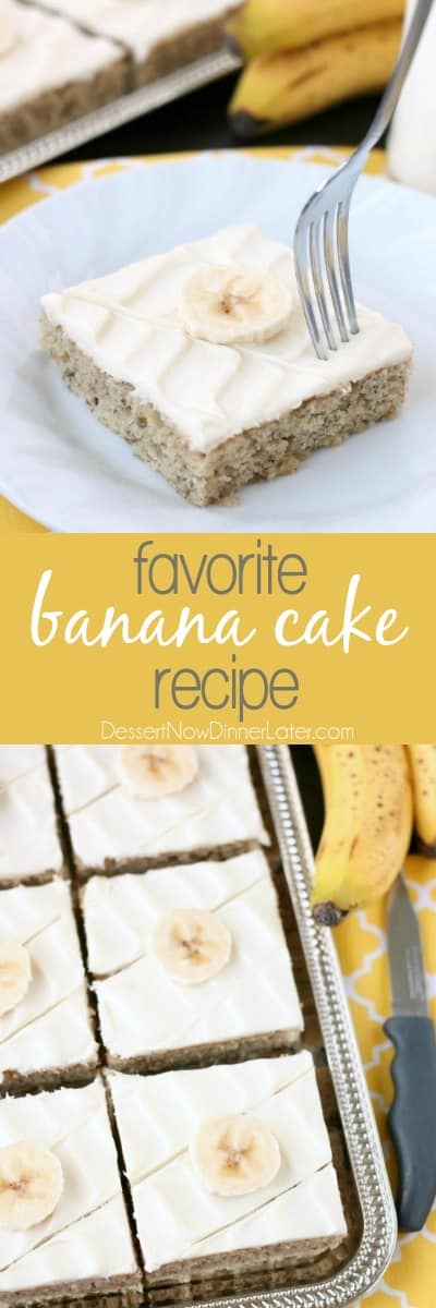 This is the BEST banana cake topped with the BEST cream cheese frosting! Perfect for picnics and potlucks, this banana sheet cake is a crowd pleaser! Everyone asks for the recipe!