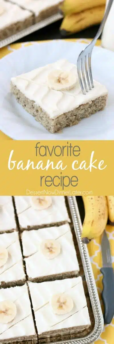 This is the BEST banana cake topped with the BEST cream cheese frosting! Perfect for picnics and potlucks, this banana sheet cake is a crowd pleaser! Everyone asks for the recipe!