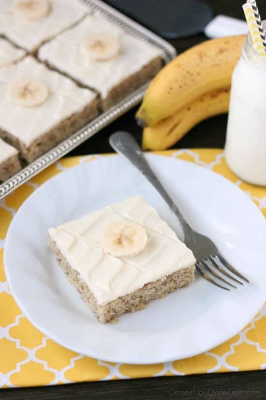 This is the BEST banana cake topped with the BEST cream cheese frosting! Perfect for picnics and potlucks, this banana sheet cake is a crowd pleaser! Everyone asks for the recipe!