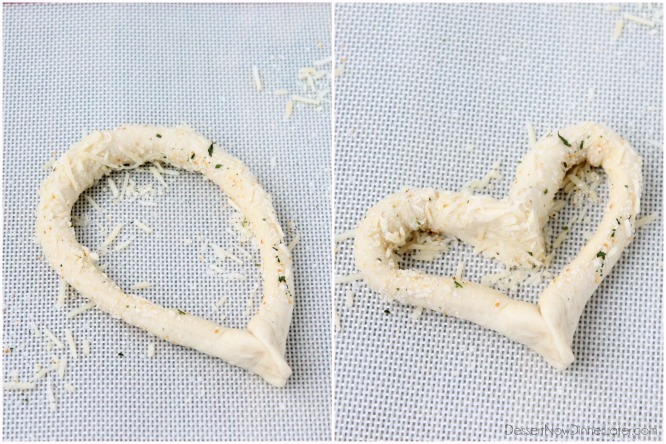 How to make heart shaped breadsticks: Pinch ends of breadstick together, then press the rounded top down into a point like the bottom of the heart.
