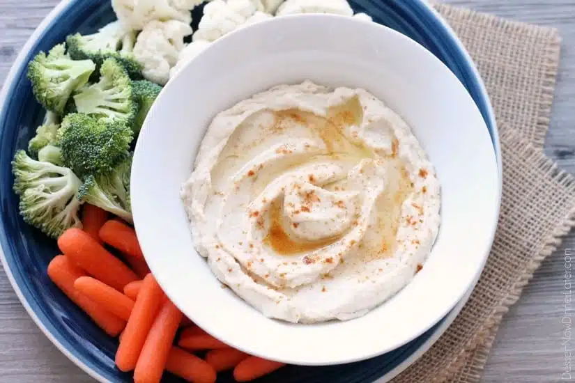 This low carb cauliflower hummus is smooth, creamy, and full of savory garlic flavor!