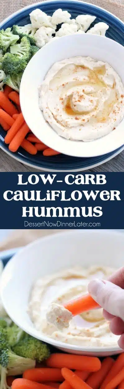 This low carb cauliflower hummus is smooth, creamy, and full of savory garlic flavor!