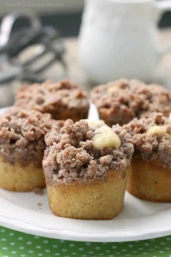 These coffee cake muffins have a moist, buttery yellow cake, and are topped with lots of crunchy, sweet cinnamon streusel. 