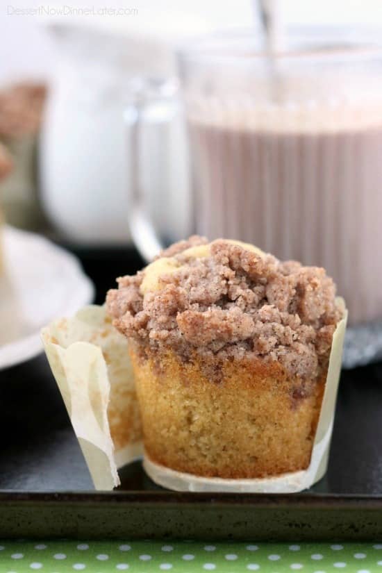 These coffee cake muffins have a moist, buttery yellow cake, and are topped with lots of crunchy, sweet cinnamon streusel. 