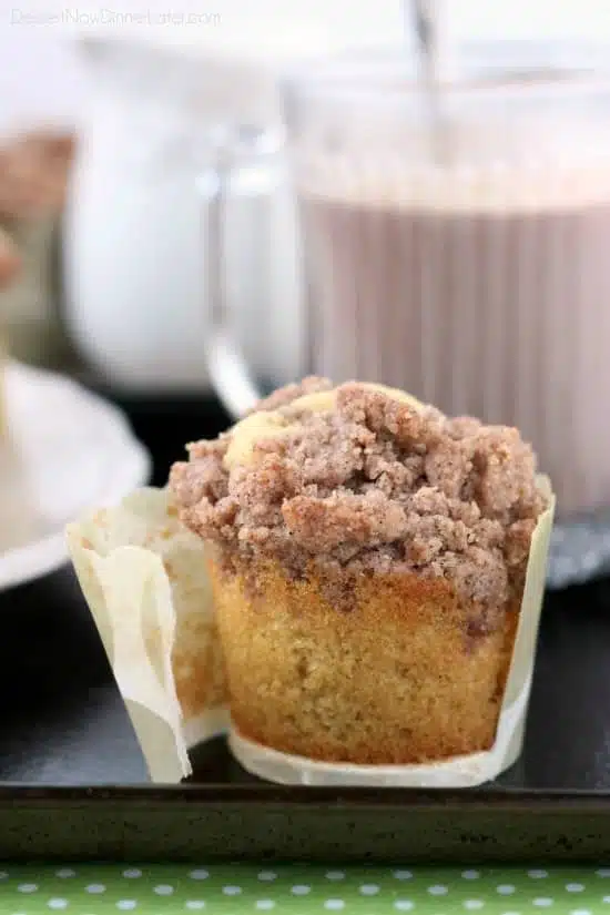 These coffee cake muffins have a moist, buttery yellow cake, and are topped with lots of crunchy, sweet cinnamon streusel. 