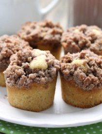 These coffee cake muffins have a moist, buttery yellow cake, and are topped with lots of crunchy, sweet cinnamon streusel.