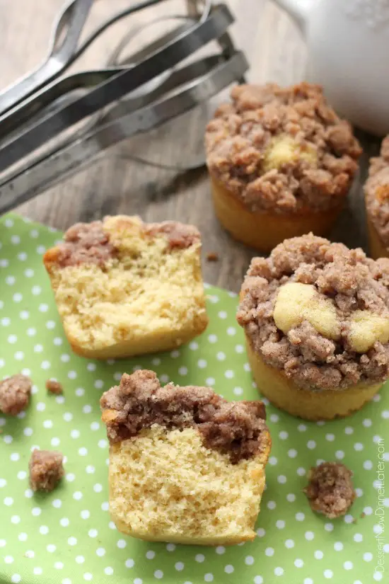 These coffee cake muffins have a moist, buttery yellow cake, and are topped with lots of crunchy, sweet cinnamon streusel. 