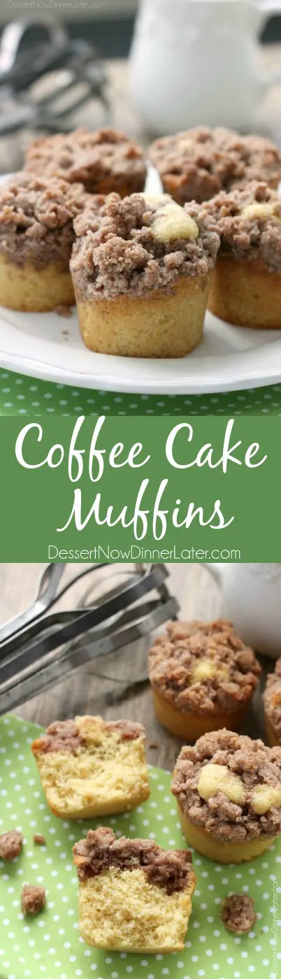 These coffee cake muffins have a moist, buttery yellow cake, and are topped with lots of crunchy, sweet cinnamon streusel. 