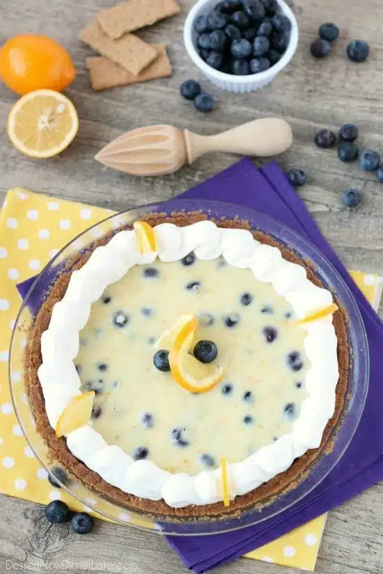 Just like key lime pie, this creamy lemon and blueberry pie has a buttery graham cracker crust and a zesty (Meyer lemon) citrus cream filling, with the added bonus of plump blueberries. Top it with fresh whipped cream and you've got a delicious fruity dessert!