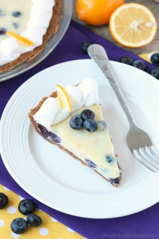 Just like key lime pie, this creamy lemon and blueberry pie has a buttery graham cracker crust and a zesty (Meyer lemon) citrus cream filling, with the added bonus of plump blueberries. Top it with fresh whipped cream and you've got a delicious fruity dessert!