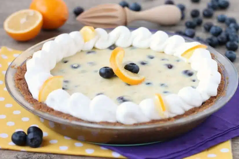 Just like key lime pie, this creamy lemon and blueberry pie has a buttery graham cracker crust and a zesty (Meyer lemon) citrus cream filling, with the added bonus of plump blueberries. Top it with fresh whipped cream and you've got a delicious fruity dessert!