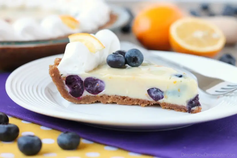 Just like key lime pie, this creamy lemon and blueberry pie has a buttery graham cracker crust and a zesty (Meyer lemon) citrus cream filling, with the added bonus of plump blueberries. Top it with fresh whipped cream and you've got a delicious fruity dessert!