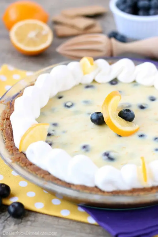 Just like key lime pie, this creamy lemon and blueberry pie has a buttery graham cracker crust and a zesty (Meyer lemon) citrus cream filling, with the added bonus of plump blueberries. Top it with fresh whipped cream and you've got a delicious fruity dessert!