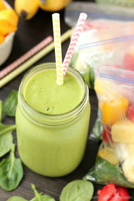 Prep these smoothie packs for the freezer and when you're ready to eat, just add milk or water! Check out the tutorial and delicious green smoothie recipe!