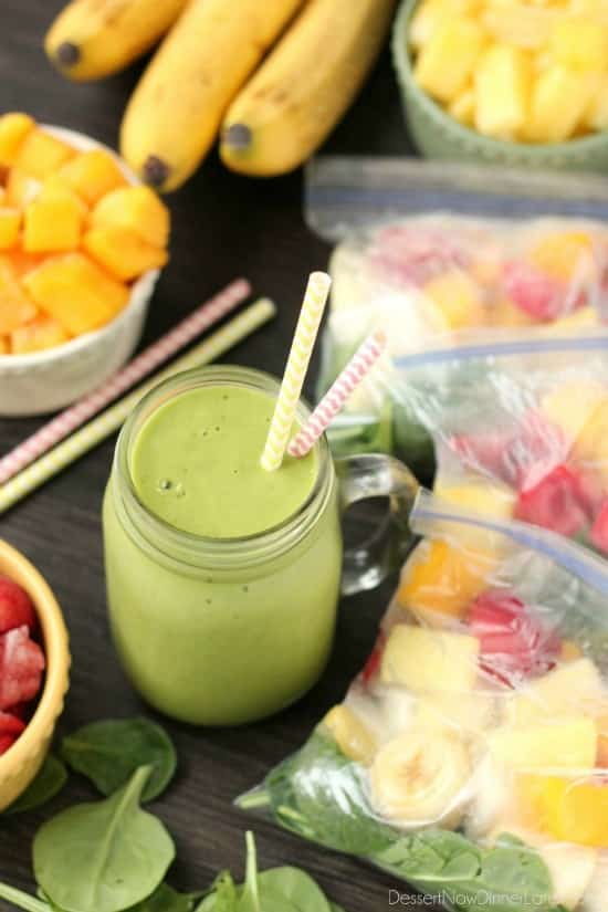 Prep these smoothie packs for the freezer and when you're ready to eat, just add milk or water! Check out the tutorial and delicious green smoothie recipe!
