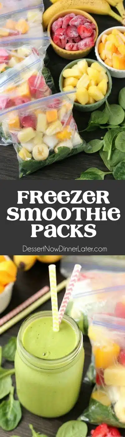 Prep these smoothie packs for the freezer and when you're ready to eat, just add milk or water! Check out the tutorial and delicious green smoothie recipe!