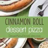 This Cinnamon Roll Dessert Pizza is an amazing copycat version of Papa Murphy's Cinnamon Wheel, with brown sugar, cinnamon, and oats, topped with a tangy cream cheese icing.