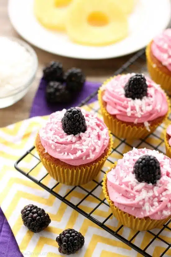 Blackberry Piña Colada Cupcakes - Moist coconut cupcakes with a sweet pineapple and rum filling topped with fresh blackberry frosting. A delicious drink inspired cupcake with a twist! (Cupcake Battles WINNER!)