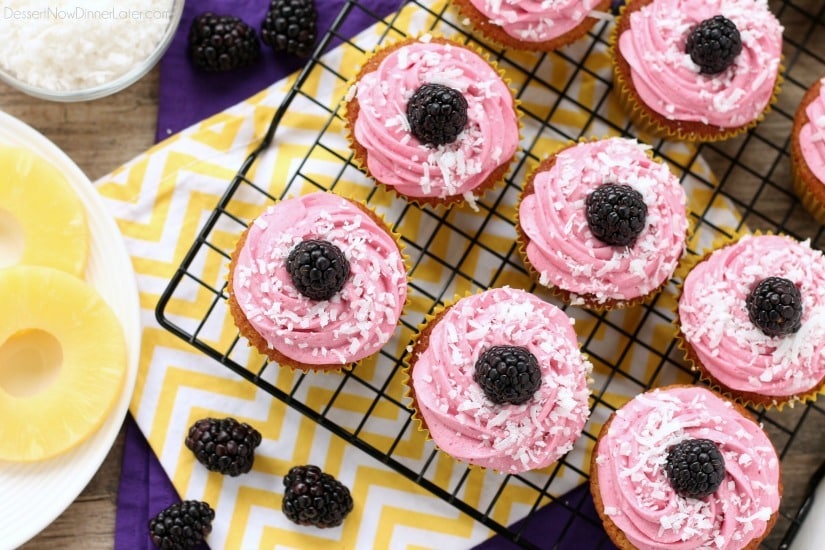 Blackberry Piña Colada Cupcakes - Moist coconut cupcakes with a sweet pineapple and rum filling topped with fresh blackberry frosting. A delicious drink inspired cupcake with a twist! (Cupcake Battles WINNER!)