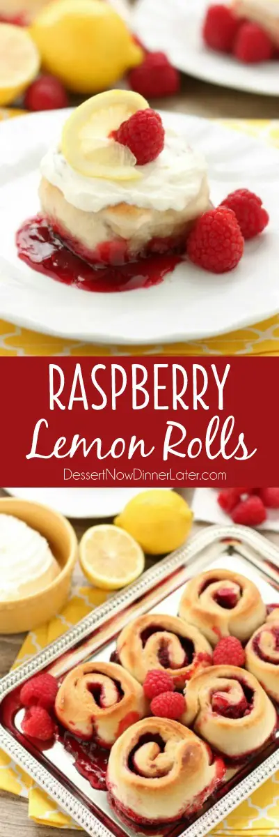 Sticky Raspberry Lemon Rolls are made easy with frozen dough and are topped with a sweet and citrusy lemon cream cheese frosting.