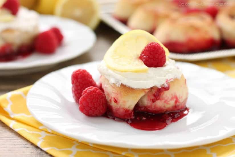 Sticky Raspberry Lemon Rolls are made easy with frozen dough and are topped with a sweet and citrusy lemon cream cheese frosting.