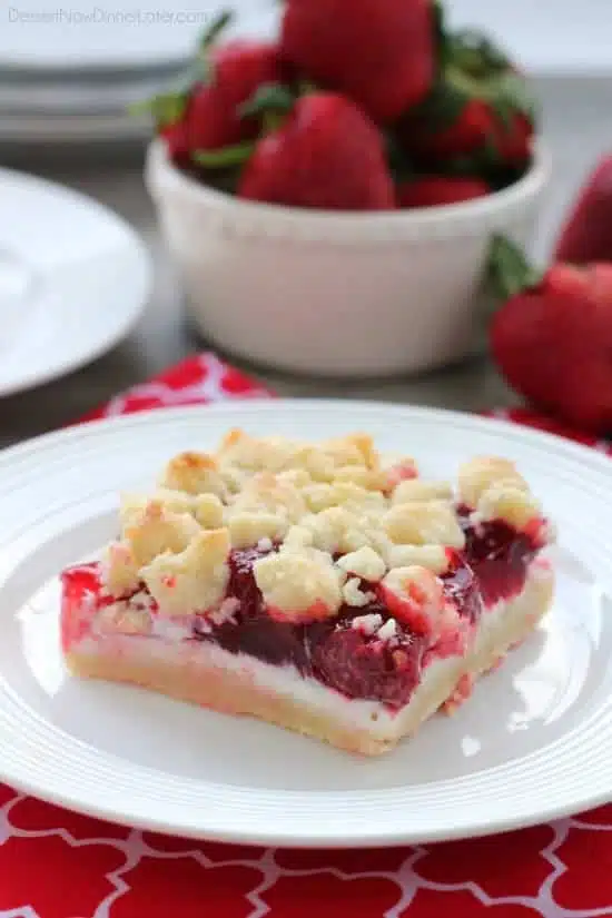 These strawberries and cream crumb bars are sweet and creamy with a buttery crumb crust and topping.