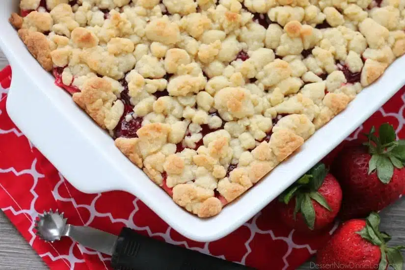 These strawberries and cream crumb bars are sweet and creamy with a buttery crumb crust and topping.