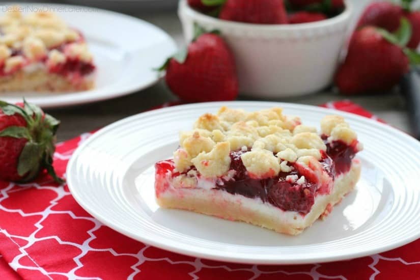 These strawberries and cream crumb bars are sweet and creamy with a buttery crumb crust and topping.