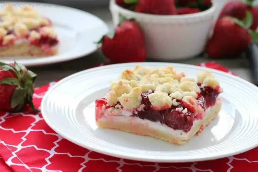 These strawberries and cream crumb bars are sweet and creamy with a buttery crumb crust and topping.