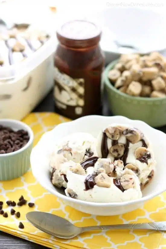 This no churn chocolate chip cookie dough ice cream has generous pieces of eggless cookie dough inside a creamy vanilla ice cream with hot fudge swirls. No ice cream machine needed to make this delicious dessert!