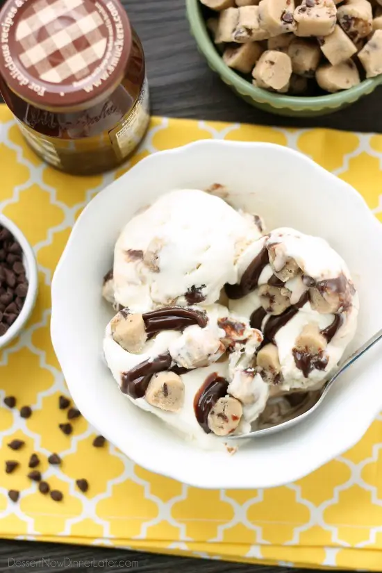 This no churn chocolate chip cookie dough ice cream has generous pieces of eggless cookie dough inside a creamy vanilla ice cream with hot fudge swirls. No ice cream machine needed to make this delicious dessert!