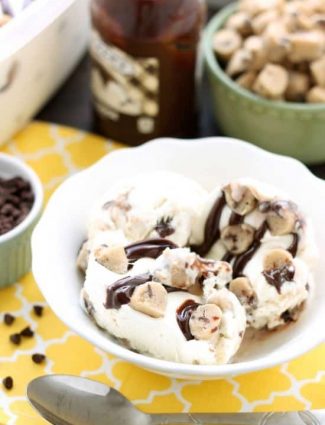 This no churn chocolate chip cookie dough ice cream has generous pieces of eggless cookie dough inside a creamy vanilla ice cream with hot fudge swirls. No ice cream machine needed to make this delicious dessert!