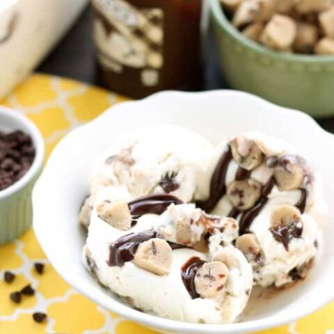 This no churn chocolate chip cookie dough ice cream has generous pieces of eggless cookie dough inside a creamy vanilla ice cream with hot fudge swirls. No ice cream machine needed to make this delicious dessert!