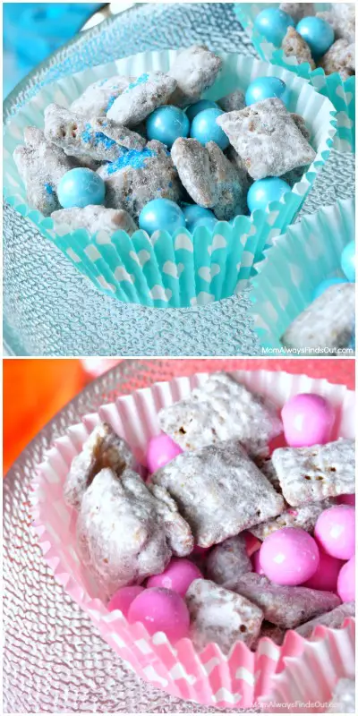 Muddy Buddies are always a crowd favorite, so these adorable pink and blue ones are the perfect baby shower food. Image from Mom Always Finds Out.