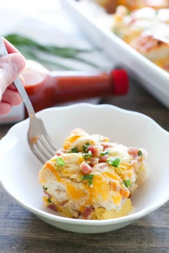 This hearty breakfast casserole is made with ham, eggs, cheese, and tender buttermilk biscuits. Make it ahead of time or bake it right away, for a breakfast ready when you are.