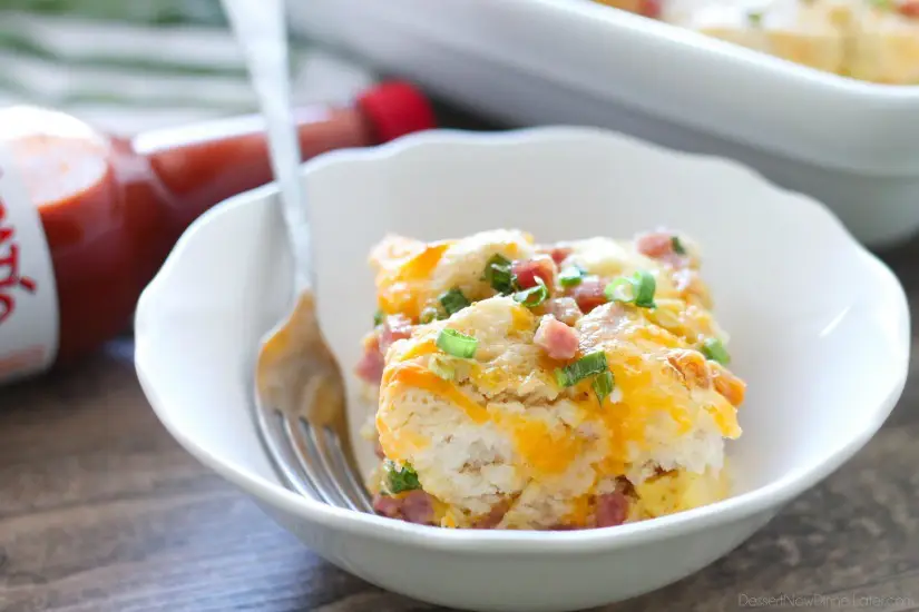 This hearty breakfast casserole is made with ham, eggs, cheese, and tender buttermilk biscuits. Make it ahead of time or bake it right away, for a breakfast ready when you are.