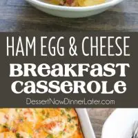 This hearty breakfast casserole is made with ham, eggs, cheese, and tender buttermilk biscuits. Make it ahead of time or bake it right away, for a breakfast ready when you are.