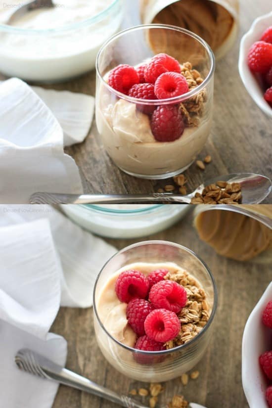 Enjoy peanut butter for breakfast and on-the-go with these quick and tasty ideas! (Peanut butter, yogurt, fruit, and granola.)