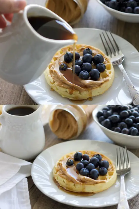 Enjoy peanut butter for breakfast and on-the-go with these quick and tasty ideas! (Waffles with peanut butter, fruit, and syrup.)